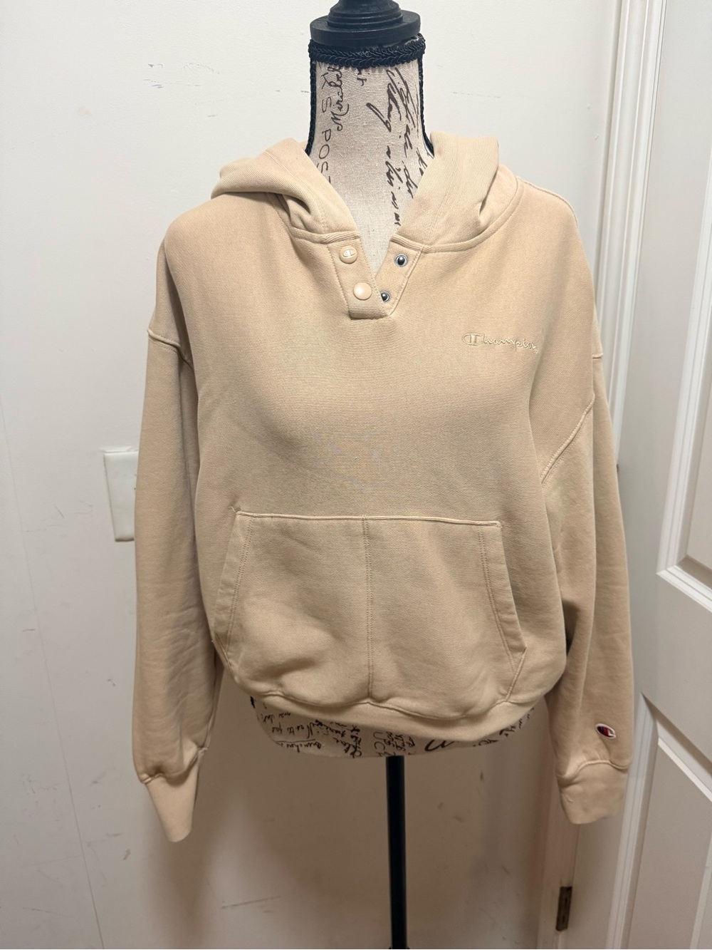Champion Women's Hooded Crewneck Sweatshirt in Beige size small